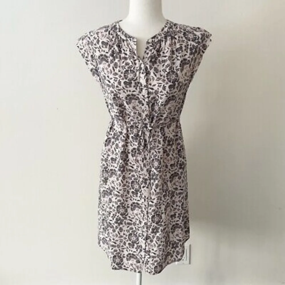 LOFT | Floral Shirtdress, Button Down Tie Waist Cap Sleeve, Pink & Blue
